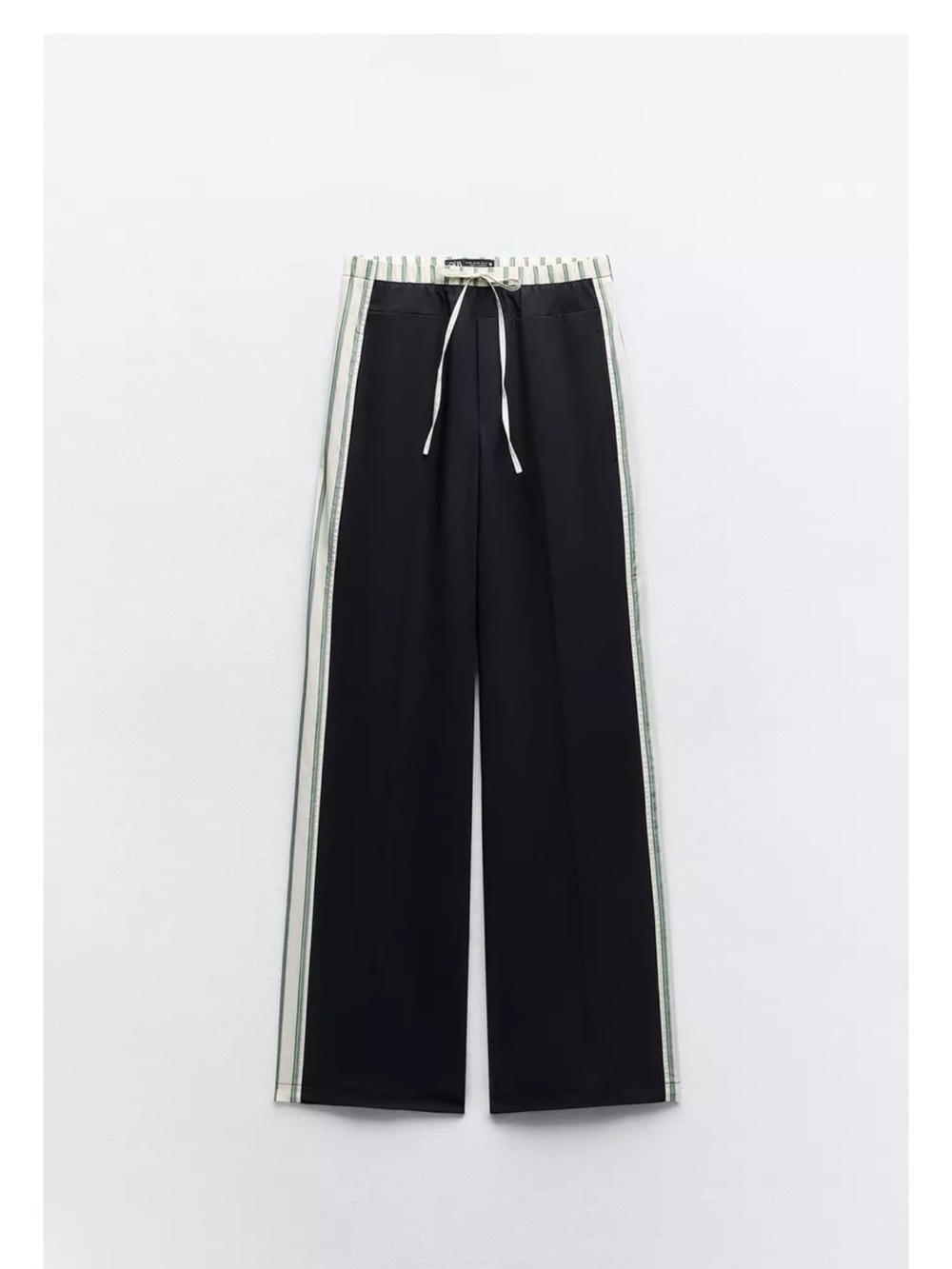 Zara Navy Wide-Leg Track Pants with Green & White Side Stripes